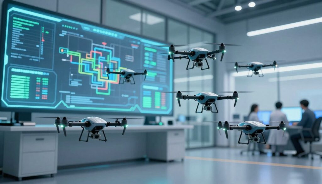 A dynamic scene showcasing agent swarm technology in parallel processing. In the foreground, clusters of small, autonomous drones with sleek, metallic designs are synchronizing their movements, forming intricate patterns. The middle layer features an advanced control interface with holographic data displays, showcasing real-time analytics and flowcharts. In the background, a high-tech research facility with large glass windows allows glimpses of scientists in professional attire monitoring the swarm's performance. Soft blue and green LED lighting casts an ethereal glow, creating a futuristic atmosphere. The composition is captured from a low angle, emphasizing the scale of the drones and the innovative technology. A sense of collaboration and intelligence permeates the image, reflecting the cutting-edge nature of swarm technology.