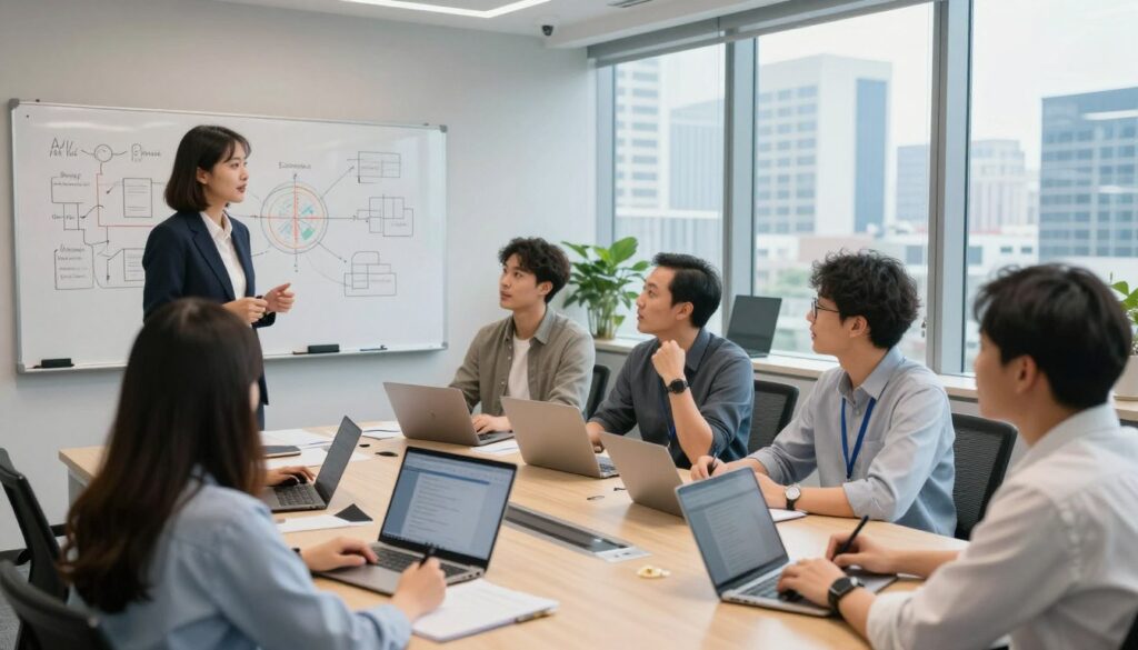 A dynamic training session in a modern corporate environment featuring diverse teams engaged in collaborative discussions. In the foreground, a facilitator, dressed in business attire, stands by a whiteboard with technical diagrams while team members, both technical and non-technical, are seated around a conference table. The middle ground shows participants actively taking notes and using laptops, with a mix of focused expressions and excitement. In the background, large windows allow natural light to flood the room, showcasing a view of a bustling cityscape. The atmosphere is energetic and professional, emphasizing teamwork and knowledge sharing. The composition captures a sense of inclusivity and growth, reflecting the importance of AI training for all team members.