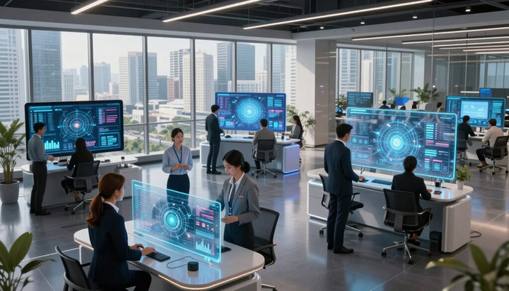 A futuristic office environment symbolizing seamless system integration. In the foreground, diverse professionals in smart business attire collaborate over a digital interface displaying interconnected data streams and graphs. In the middle, sleek technology furnishings, including a large interactive touchscreen and holographic displays, enhance the focus on innovation. The background features large windows revealing a modern city skyline bathed in natural light, adding vibrancy. Soft, ambient lighting creates a productive and dynamic atmosphere, while reflections on glass surfaces emphasize clarity and transparency in technology. The angle is slightly elevated, capturing a panoramic view that highlights both teamwork and cutting-edge tools, conveying a sense of progress and collaboration in Jakarta's digital landscape.