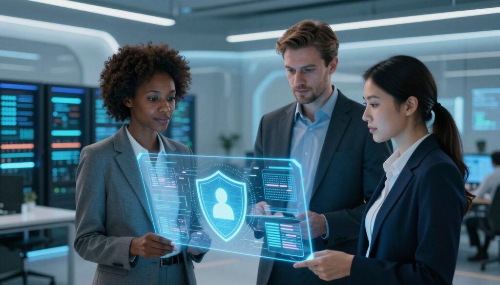 A futuristic office space emphasizing security and privacy in data protection, with advanced technology such as servers and data streams subtly visible in the background. In the foreground, a diverse group of three professionals, a Black woman, a Caucasian man, and an Asian woman, wearing smart business attire, are gathered around a holographic display showcasing encrypted data visuals and security shields. Soft, diffused lighting creates a serene atmosphere, while the color palette features cool blues and greens, symbolizing trust and safety. The camera angle is slightly elevated, providing a comprehensive view of the professionals interacting with the technology, radiating confidence and collaboration in safeguarding personal information.