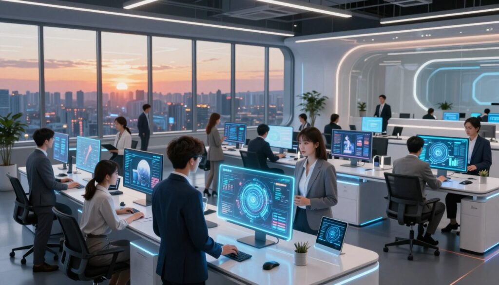 A futuristic office space showcases an innovative introduction to Wan Ai technology. In the foreground, a diverse group of professionals in smart business attire engages with holographic displays, analyzing data visualizations and AI-generated artwork. The middle ground highlights sleek, modern workstations equipped with cutting-edge technology, glowing with soft blue and white LED lights. In the background, large windows reveal a vibrant city skyline at sunset, casting warm hues of orange and pink into the room. The atmosphere is collaborative and inspiring, radiating a sense of creativity and technological advancement. Soft diffused lighting enhances the professionalism of the scene, while a wide-angle perspective captures the dynamic interaction within the space.