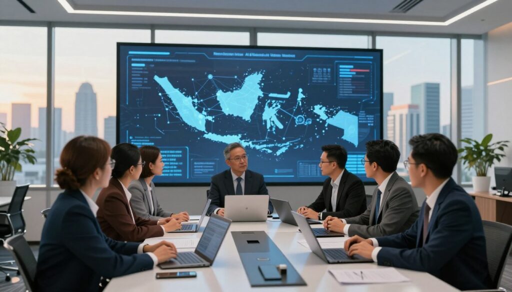 A futuristic office space showcasing a focused government meeting on artificial intelligence strategy. In the foreground, a diverse group of five professionals, dressed in business attire, engaged in discussion around a sleek, modern conference table with laptops open and AI data visualizations displayed on transparent screens. In the middle ground, a large digital map of Indonesia with interconnected nodes represents national AI initiatives. The background features large windows with a view of a vibrant city skyline, bathed in warm natural light, suggesting collaboration and progress. The mood is one of innovation and determination, with a soft glow illuminating the room emphasizing the importance of strategic planning in AI adoption. A futuristic office space showcasing a focused government meeting on artificial intelligence strategy. In the foreground, a diverse group of five professionals, dressed in business attire, engaged in discussion around a sleek, modern conference table with laptops open and AI data visualizations displayed on transparent screens. In the middle ground, a large digital map of Indonesia with interconnected nodes represents national AI initiatives. The background features large windows with a view of a vibrant city skyline, bathed in warm natural light, suggesting collaboration and progress. The mood is one of innovation and determination, with a soft glow illuminating the room emphasizing the importance of strategic planning in AI adoption.