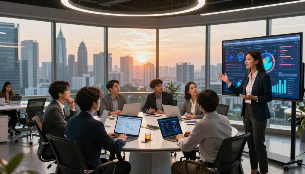 A futuristic office space with sleek, modern furnishings, showcasing a diverse group of professionals in business attire engaged in a digital marketing strategy session. In the foreground, a confident female consultant gestures towards a large digital screen displaying vibrant graphs and analytics. The middle layer features a diverse team, including men and women, collaborating around a round table filled with laptops and digital devices, with thoughtful expressions of insight. In the background, large windows offer a panoramic view of the Jakarta skyline at sunset, casting warm, golden light into the room. The atmosphere is dynamic and energetic, emphasizing innovation and cooperation, with a focus on growth and success in digital marketing.