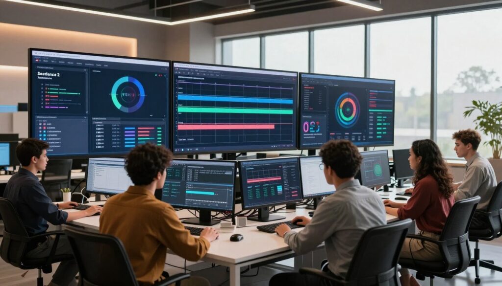 A futuristic production workflow scene showcasing advanced generative AI technology in a modern creative studio. In the foreground, a diverse group of professionals—men and women of various ethnic backgrounds—are collaborating around a sleek, high-tech workstation, all dressed in smart casual attire. The middle layer features large, vibrant screens displaying dynamic data visualizations and unique production timelines, illustrating the benefits of tools like Seedance 2 and VEO3. In the background, large windows allow natural light to flood the room, creating a warm and inspiring atmosphere. Soft ambient lighting enhances the mood of innovation and creativity, with a focus on teamwork and cutting-edge technology. The composition should convey a sense of forward-thinking and adaptability, reflecting the essence of effective production workflows. A futuristic production workflow scene showcasing advanced generative AI technology in a modern creative studio. In the foreground, a diverse group of professionals—men and women of various ethnic backgrounds—are collaborating around a sleek, high-tech workstation, all dressed in smart casual attire. The middle layer features large, vibrant screens displaying dynamic data visualizations and unique production timelines, illustrating the benefits of tools like Seedance 2 and VEO3. In the background, large windows allow natural light to flood the room, creating a warm and inspiring atmosphere. Soft ambient lighting enhances the mood of innovation and creativity, with a focus on teamwork and cutting-edge technology. The composition should convey a sense of forward-thinking and adaptability, reflecting the essence of effective production workflows.
