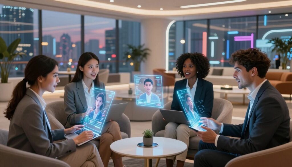 A futuristic scene capturing the essence of digital relationships. In the foreground, a diverse group of individuals—two men and two women of various ethnicities, dressed in professional business attire—engage with holographic displays emerging from sleek devices. Their faces express curiosity and excitement as they interact with lifelike digital avatars representing AI companions. The middle ground features a modern, tech-inspired lounge with soft, ambient lighting, plush seating, and sleek furniture, enhancing a warm, inviting atmosphere. In the background, high-tech cityscape elements can be seen through large windows, showcasing a vibrant metropolis under a twilight sky, symbolizing innovation and connection. The overall mood conveys positivity and the promise of embracing future possibilities in technology and relationships.