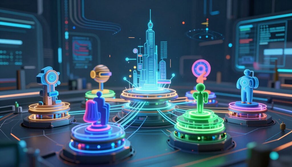 A futuristic visualization of the Mixture-of-Experts AI architecture, set in a sleek, modern digital environment. In the foreground, intricate, multi-layered network nodes and connections illuminate with vibrant colors, suggesting active data flow. The middle ground features abstract representations of various expert models, each uniquely designed and interconnected, symbolizing their collaborative nature. In the background, a dynamic digital landscape with swirling data streams and holographic elements creates a sense of depth and complexity, portraying the operational modes of the AI. Soft blue and green lighting casts a high-tech atmosphere, while a slightly low-angle perspective emphasizes the architecture’s grandeur and innovation. The overall mood is energetic and futuristic, capturing the essence of advanced AI technologies without any text or logos.