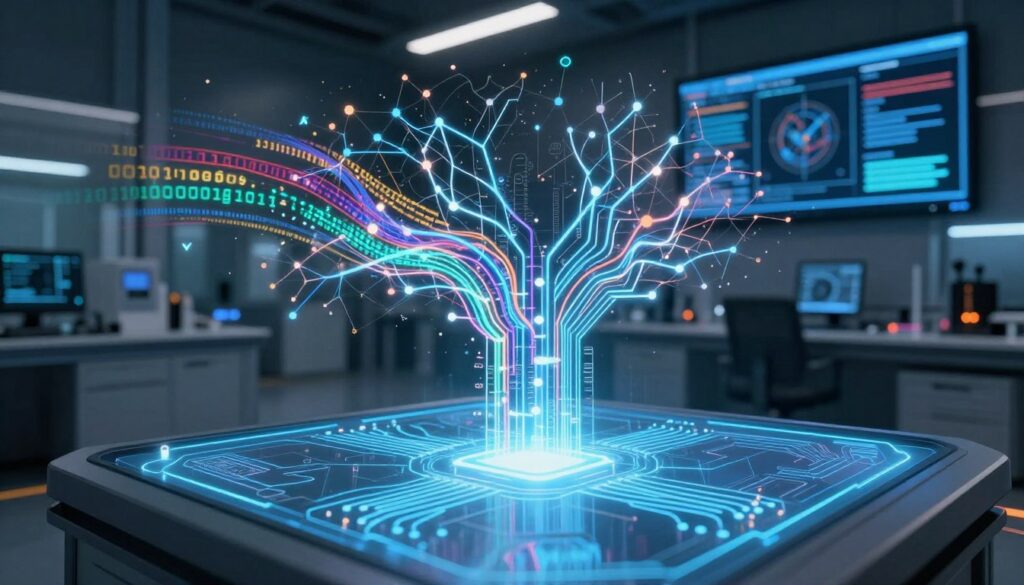 A futuristic, visually striking representation of a revolutionary AI model architecture, showcasing intricate neural network designs interwoven with digital circuits. In the foreground, a glowing, holographic display illustrates the architecture's key components, casting a soft blue light. The middle ground features an abstract interpretation of data flow, represented by colorful streams of binary code and interconnected nodes, creating a sense of dynamic movement. In the background, a sleek, high-tech laboratory environment is visible, with advanced computing devices and a large screen displaying real-time analytics. The atmosphere is filled with a sense of innovation and excitement, highlighted by dramatic, focused lighting that emphasizes the AI architecture. The perspective is slightly low-angle, evoking a feeling of awe and grandeur.