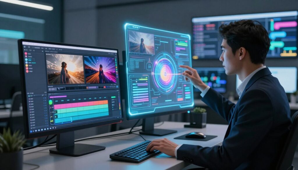 A futuristic workspace showcasing cutting-edge video generation features. In the foreground, a sleek, modern computer setup displays vibrant video editing software with a timeline filled with colorful clips, and visual effects panels open. The middle ground features an innovative holographic interface projecting 3D videos and animated graphics, with a professional individual in business attire thoughtfully interacting with the interface. The background includes dynamic screens and digital assets, creating an immersive environment. Soft, diffused lighting highlights the workspace, casting gentle shadows for a sophisticated ambiance. The atmosphere is one of creativity and technology, emphasizing the blending of artistry and advanced AI capabilities in video generation.