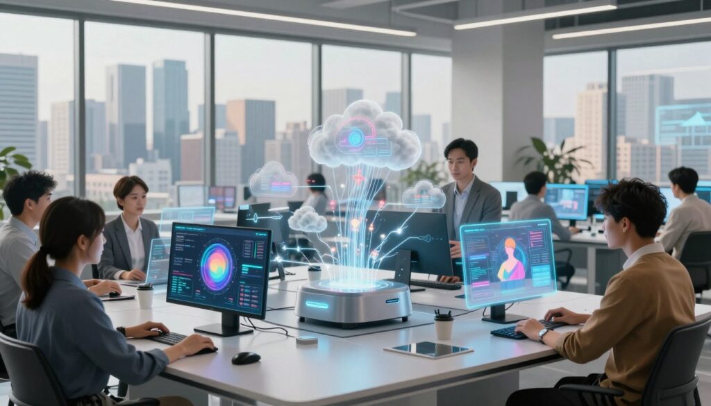 A futuristic workspace showcasing multimodal capabilities and seamless integration in generative AI. In the foreground, a diverse group of professionals, dressed in stylish business attire, interacts with advanced holographic interfaces displaying visual data, graphs, and AI-generated art. In the middle, sleek, high-tech devices connect seamlessly with clouds of data flowing between them, symbolizing integration. In the background, large windows reveal a vibrant city skyline bathed in soft, natural light, creating an atmosphere of innovation and collaboration. The composition should evoke a sense of dynamic energy and futuristic potential, emphasizing the fluidity of technology and human interaction. The lighting should be bright yet balanced, highlighting key elements without harsh shadows. The angle should provide an immersive view of the workspace, inviting the viewer into this advanced environment. A futuristic workspace showcasing multimodal capabilities and seamless integration in generative AI. In the foreground, a diverse group of professionals, dressed in stylish business attire, interacts with advanced holographic interfaces displaying visual data, graphs, and AI-generated art. In the middle, sleek, high-tech devices connect seamlessly with clouds of data flowing between them, symbolizing integration. In the background, large windows reveal a vibrant city skyline bathed in soft, natural light, creating an atmosphere of innovation and collaboration. The composition should evoke a sense of dynamic energy and futuristic potential, emphasizing the fluidity of technology and human interaction. The lighting should be bright yet balanced, highlighting key elements without harsh shadows. The angle should provide an immersive view of the workspace, inviting the viewer into this advanced environment.