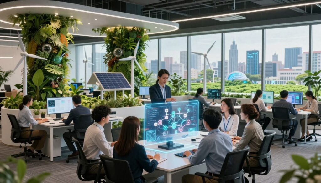 A futuristic workspace showcasing sustainable systems and workflow automation. In the foreground, a diverse group of professionals in smart business attire collaborates around a sleek, holographic display that visualizes a dynamic workflow diagram. The middle layer features eco-friendly technology elements like vertical gardens, solar panels, and wind turbines integrated into a modern office design. In the background, large windows reveal a bright, urban skyline with green rooftops and smart city features. Soft, ambient lighting enhances a calm and innovative atmosphere, while a wide-angle perspective captures the essence of collaboration and sustainability. The scene is balanced with a harmonious color palette of greens, blues, and earthy tones, reflecting an eco-conscious future.