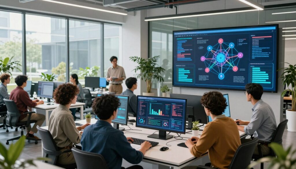 A futuristic workspace showcasing various machine learning techniques in action. In the foreground, a diverse team of professionals in smart casual attire gathers around a sleek digital interface displaying complex graphs and algorithms. In the middle ground, large screens show data-driven visualizations, neural networks, and dynamic flowcharts. In the background, a high-tech office environment with glass walls allows for natural light to flood the space, creating a bright and inspiring atmosphere. The room is filled with plants to emphasize a blend of technology and nature. The mood is collaborative and innovative, capturing the essence of advanced data analysis and machine learning development. The scene is framed with a slight perspective angle to enhance depth, evoking a sense of progress and teamwork.