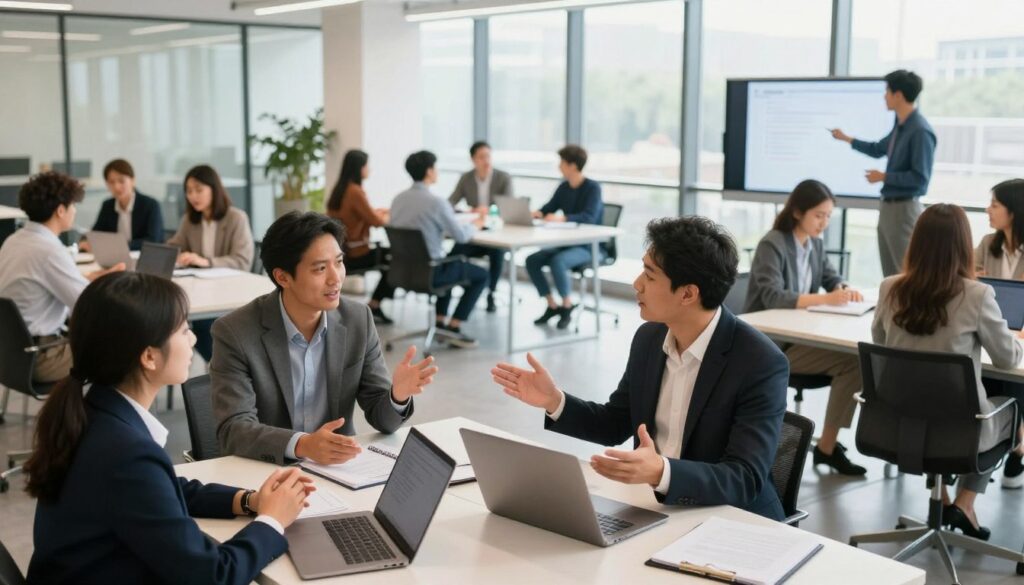 A modern, airy co-working space bustling with activity, showcasing a diverse group of professionals engaged in skill development and networking. In the foreground, two individuals in professional business attire are deep in conversation, animatedly exchanging ideas, with laptops and notepads open in front of them. The middle ground features small groups collaborating at sleek tables, while others attend a workshop led by a knowledgeable mentor, who stands at the front, gesturing toward a digital presentation. The background reveals large windows letting in bright, natural light, creating an uplifting atmosphere. The mood is energetic yet focused, emphasizing growth and connection among attendees, captured from a slightly elevated angle to showcase the layout and interactions effectively.