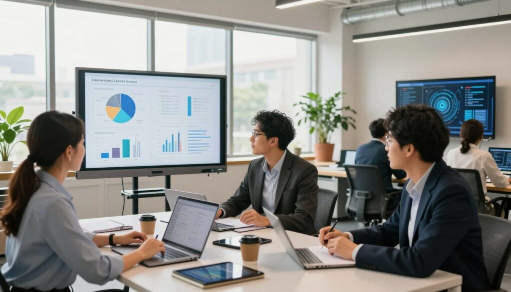 A modern and dynamic workspace filled with diverse professionals collaborating on a customized learning project. In the foreground, a group of three individuals, dressed in professional business attire, engage around a large table scattered with laptops, notebooks, and digital tablets. The middle ground features a smart whiteboard displaying charts and project plans, while interactive screens showcase AI-generated insights. The background reveals a bright office setting with large windows allowing natural light to pour in, illuminating the space and creating a warm, inspiring atmosphere. The room is adorned with potted plants and contemporary decor, suggesting innovation and creativity. The overall mood is focused and energetic, emphasizing hands-on learning and collaboration in a progressive business environment.