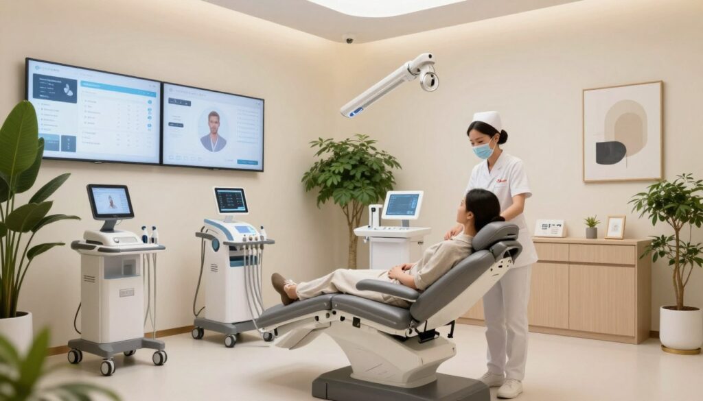 A modern beauty clinic interior, showcasing advanced technology and serene ambiance. In the foreground, a friendly nurse in professional business attire assists a patient sitting comfortably in a sleek, ergonomic treatment chair. The middle-ground features high-tech equipment and interactive AI interfaces displaying patient data on large screens. Soft, diffused lighting bathes the space, enhancing the calming atmosphere while highlighting cream-colored walls and lush greenery. In the background, stylish art pieces and minimalist decorations create a welcoming environment. The angle captures the entire scene, emphasizing a sense of efficiency and innovation, reflecting how AI enhances patient care in this elegant clinic setting.