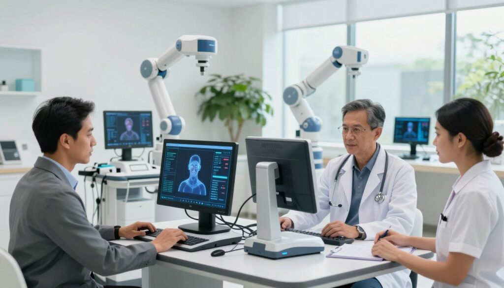 A modern clinic in Indonesia implementing AI diagnostic tools, showcasing a professional setting. In the foreground, a diverse team of healthcare professionals, including two Indonesian doctors in business attire and a nurse, are actively engaged with advanced AI diagnostic devices on a sleek, digital interface. In the middle ground, various high-tech equipment illustrating the integration of AI, such as interactive screens displaying patient data analytics and robotic assistance. The background features a serene clinic environment with clean, white walls and greenery for a calming effect. Soft, natural lighting floods the room through large windows, creating an inviting atmosphere. The overall mood is one of innovation and collaboration, capturing the essence of AI's positive impact on healthcare in Indonesia.