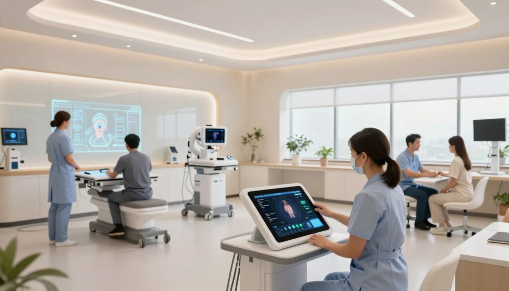 A modern clinic interior showcasing advanced AI technology in action. In the foreground, a sleek touch-screen health monitoring device displaying real-time patient data, with professional staff in smart attire using it to interact with patients. The middle ground features a state-of-the-art digital consultation room with AI-assisted diagnostic tools, virtual reality equipment, and a holographic interface projecting patient information. The background reveals a bright, airy space with large windows letting in natural light, and minimalist decor emphasizing cleanliness and efficiency. Use a soft, warm lighting setup to create an inviting atmosphere, with a wide-angle perspective that captures the entire room, highlighting the harmony of technology and healthcare.