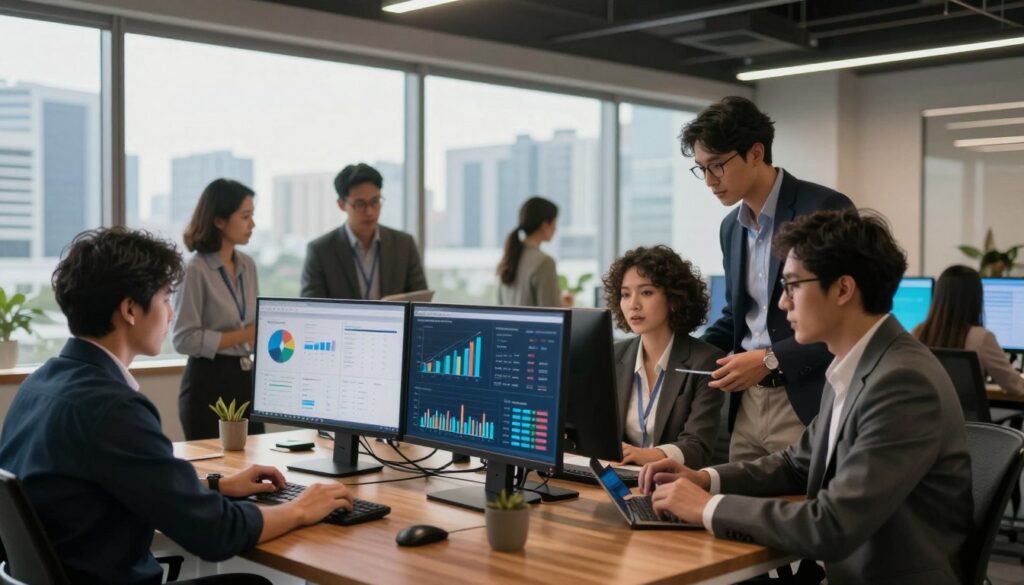 A modern digital workspace featuring a sleek, high-tech office environment. In the foreground, a polished wooden desk displays multiple screens showcasing data analytics and graphs, emphasizing local business optimization strategies. A diverse group of professionals in business attire collaborate, analyzing information and discussing strategies, their expressions focused and engaged. The middle ground showcases large windows letting in warm, natural light, creating a bright and inviting atmosphere. In the background, a city skyline of Jakarta can be seen, symbolizing the competitive market landscape. The scene is illuminated with soft, ambient lighting that enhances the innovative vibe, captured from a slightly angled perspective to create depth. The overall mood is dynamic and professional, reflecting the concept of building a solid digital foundation in a bustling market.