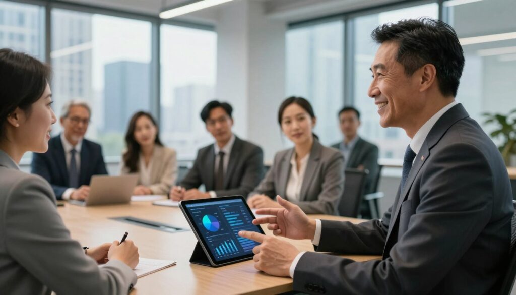 A modern, inviting office environment featuring a professional business consultant, Dee Ferdinand, engaged in a conversation with a diverse group of clients. The foreground includes Dee, a middle-aged Asian man wearing a tailored suit, with a warm smile and confident posture. He is gesturing towards a sleek, high-tech digital tablet displaying charts and data related to AI consulting. In the middle ground, clients seated at a polished conference table are listening attentively, showcasing a mix of genders and ethnicities, all dressed in professional attire. The background features large windows with a city skyline view, allowing natural light to fill the room, creating an atmosphere of innovation and professionalism. The overall mood conveys collaboration and expertise in AI consulting. The scene is captured with a shallow depth of field to emphasize the subjects, with soft, ambient lighting for a welcoming feel.