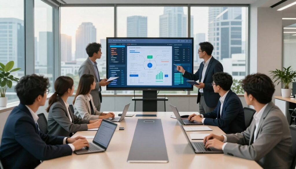 A modern office environment bustling with activity, featuring a sleek conference table in the foreground, surrounded by diverse professionals dressed in smart business attire, collaborating on laptops and tablets. In the middle, a large digital screen displays complex data analytics and workflow charts, symbolizing business process automation. The background reveals a panoramic view of Jakarta’s skyline through expansive glass windows, with soft sunlight illuminating the space. The ambiance is focused and productive, emphasizing teamwork and innovation. The scene is captured with a wide-angle lens, highlighting the interaction between technology and human expertise in a harmonious workspace, set in a bright and welcoming atmosphere.