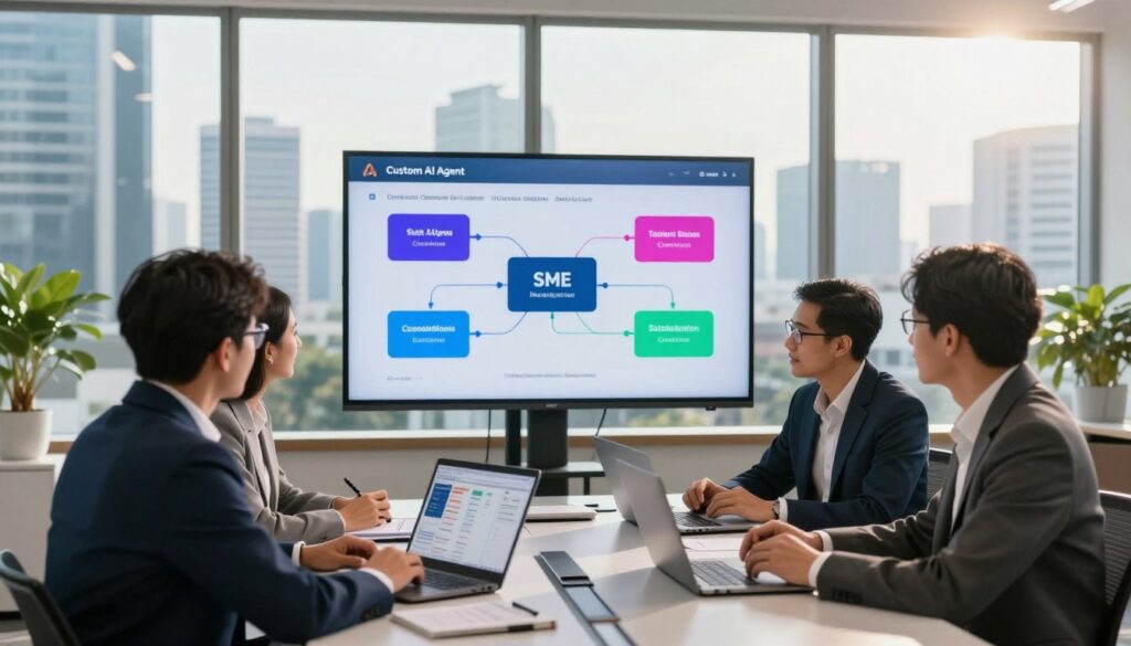 A modern office environment in Jakarta, with a focus on collaboration and technology. In the foreground, a diverse group of three professionals in business attire are engaged in a discussion around a sleek table, with laptops and digital devices showcasing graphs and data related to AI solutions. The middle ground features a large screen displaying a visual flowchart of custom AI agent implementation steps, highlighted with vibrant colors. In the background, panoramic windows reveal the Jakarta skyline bathed in natural sunlight, creating a bright and optimistic atmosphere. The overall mood reflects innovation, professionalism, and the transformative power of technology for SMEs, captured through a wide-angle lens for an immersive view.