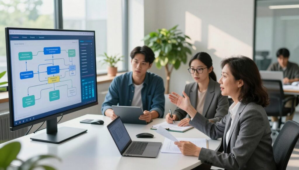 A modern office environment showcasing a diverse group of professionals collaborating around a sleek round table. In the foreground, a middle-aged woman in a tailored suit gestures enthusiastically towards a large interactive screen displaying flowcharts and data analytics, symbolizing AI workflows. In the middle ground, a young man in business casual attire takes notes on a tablet, while a woman with glasses reviews documents. The background features large windows letting in natural light, casting soft shadows, and potted plants for a serene atmosphere. The color palette is vibrant yet professional, with blues and greens predominating, conveying a mood of innovation and teamwork. The composition is shot from a slightly elevated angle for depth, creating a dynamic and engaging scene.