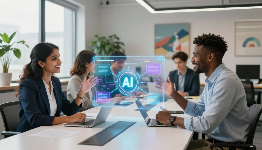 A modern office environment showcasing a diverse group of professionals engaged in animated discussions around a sleek conference table. Foreground features two individuals, one a South Asian woman in business attire and the other a Black man in smart casual wear, both smiling as they enthusiastically share ideas. In the middle, a holographic display projects colorful data visualizations, depicting generative AI concepts such as text generation and conversation flows. The background includes large windows with soft, natural light streaming in, illuminating the workspace filled with plants and modern art, creating a dynamic and innovative atmosphere. The overall mood conveys collaboration, creativity, and forward-thinking, representing the transformative power of AI in business. A modern office environment showcasing a diverse group of professionals engaged in animated discussions around a sleek conference table. Foreground features two individuals, one a South Asian woman in business attire and the other a Black man in smart casual wear, both smiling as they enthusiastically share ideas. In the middle, a holographic display projects colorful data visualizations, depicting generative AI concepts such as text generation and conversation flows. The background includes large windows with soft, natural light streaming in, illuminating the workspace filled with plants and modern art, creating a dynamic and innovative atmosphere. The overall mood conveys collaboration, creativity, and forward-thinking, representing the transformative power of AI in business.