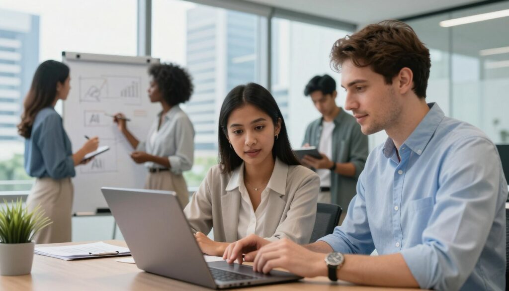A modern office environment showcasing a diverse team of professionals collaborating on AI solutions. In the foreground, a South Asian woman and a Caucasian man analyze data on a laptop, their expressions focused and engaged. In the middle ground, a Black woman is sketching ideas on a whiteboard, while a Latino man types notes on a tablet. The background features large windows letting in natural light, revealing a bustling Jakarta cityscape. Use soft yet bright lighting to create an optimistic atmosphere, with a slight focus blur on the background to emphasize the action in the foreground. The overall mood is one of teamwork, innovation, and professionalism, reflecting successful AI implementation.