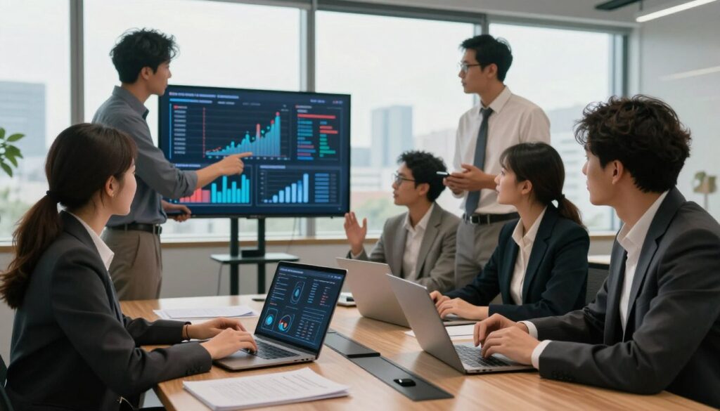 A modern office environment showcasing a diverse team of professionals, dressed in polished business attire, collaborating around a high-tech conference table. In the foreground, a focused woman analyzes data on a sleek laptop, while a man gestures towards an interactive digital screen displaying productivity metrics. In the middle ground, other team members engage in animated discussions, brainstorming ideas. The background features large windows with a panoramic city view, letting in soft, natural light that creates a motivated and inspiring atmosphere. The color palette is a mix of warm tones to evoke a sense of productivity and innovation. The image conveys a sense of teamwork and efficiency, suitable for illustrating the impact of AI on business operations.
