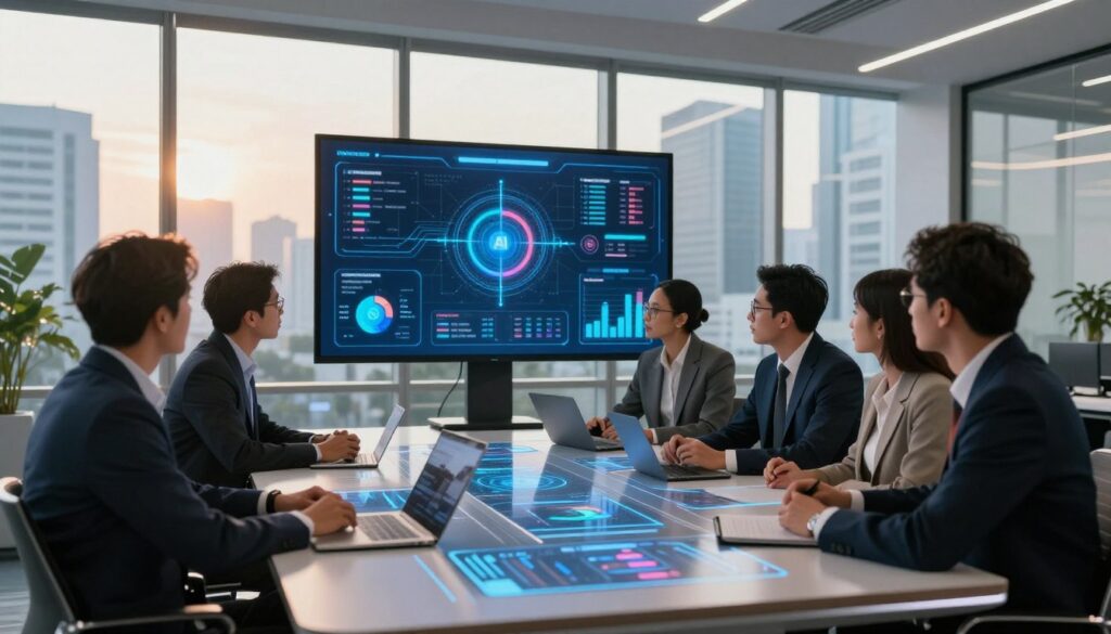 A modern office environment with a focus on strategic AI implementation in operational processes. In the foreground, a diverse group of professional business executives, dressed in smart business attire, engage in a discussion around a sleek, futuristic table with digital interfaces displaying AI analytics. In the middle ground, a large digital screen showcases dynamic graphs and AI algorithms, highlighting data flow and optimization strategies. In the background, large windows reveal a cityscape of Jakarta bathed in soft, warm sunlight, symbolizing innovation and progress. The atmosphere is one of collaboration and forward-thinking, with a contemporary aesthetic, soft lighting, and an emphasis on technology integration. The image conveys a sense of ambition and determination in the realm of AI.