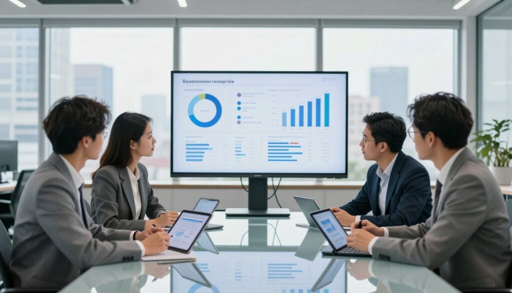 A modern office environment with a sleek, minimalist design featuring a large glass table at the center. In the foreground, a diverse group of four professionals in business attire are engaged in a focused discussion, reviewing user insights on digital tablets. In the middle ground, a large screen displays charts and graphs illustrating real-world reviews and user feedback. The background includes large windows with city skyline views, allowing natural light to fill the space, creating a vibrant and dynamic atmosphere. The mood is collaborative and innovative, highlighting a transformative business approach through the use of generative AI. Use a soft-focus lens effect to enhance the visual appeal and depth. A modern office environment with a sleek, minimalist design featuring a large glass table at the center. In the foreground, a diverse group of four professionals in business attire are engaged in a focused discussion, reviewing user insights on digital tablets. In the middle ground, a large screen displays charts and graphs illustrating real-world reviews and user feedback. The background includes large windows with city skyline views, allowing natural light to fill the space, creating a vibrant and dynamic atmosphere. The mood is collaborative and innovative, highlighting a transformative business approach through the use of generative AI. Use a soft-focus lens effect to enhance the visual appeal and depth.