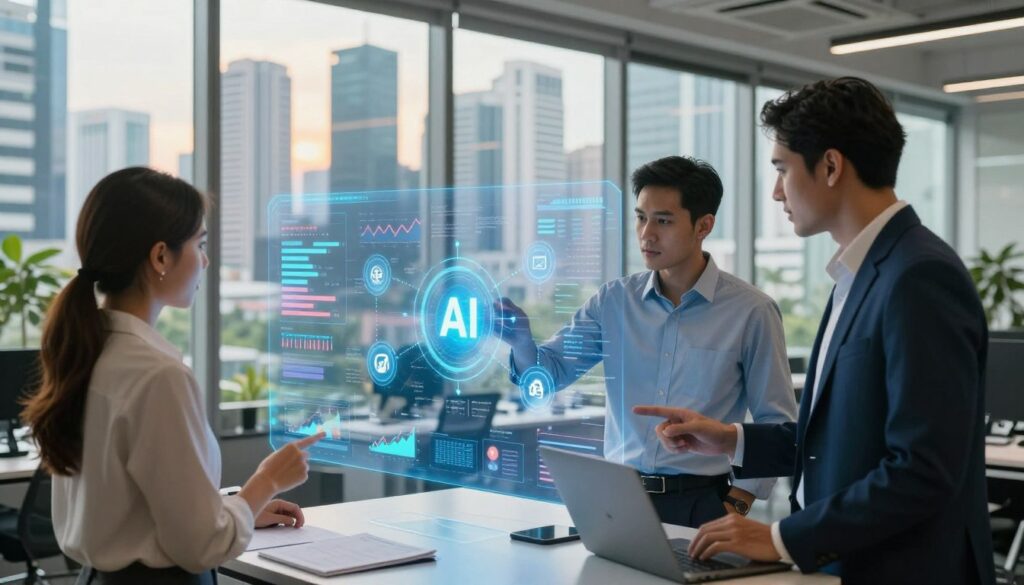 A modern office environment with professionals gathered around a futuristic, holographic display showcasing various data-driven AI strategies. In the foreground, a diverse group of three businesspeople, one woman and two men dressed in sharp business attire, are actively engaging and analyzing data visualizations. The middle ground features the high-tech holographic interface filled with graphs, charts, and AI icons symbolizing implementation strategies. In the background, large windows reveal a bustling Jakarta cityscape, with skyscrapers and greenery, bathed in warm, natural light. The atmosphere is dynamic and collaborative, reflecting innovation and strategic thinking, while the colors are vibrant and professional to emphasize a forward-thinking business approach.