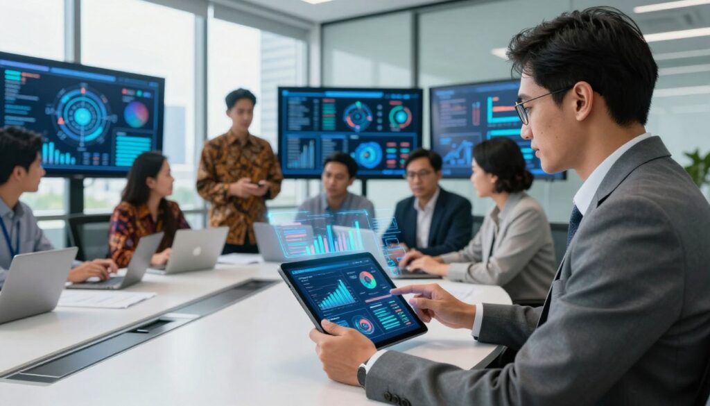 A modern office scene illustrating AI data transformation in Indonesian enterprises. In the foreground, a professional consultant in business attire focuses on a digital tablet displaying complex data visualizations, with bright holographic graphs and charts emerging from it. In the middle ground, a group of diverse professionals, including a woman wearing a traditional batik shirt, engages in discussion around a sleek conference table filled with laptops and documents. Bright, natural lighting floods through floor-to-ceiling windows, hinting at Jakarta's skyline. The background features smart screens displaying AI algorithms and city metrics, emphasizing the integration of AI in business. The atmosphere is dynamic and collaborative, reflecting innovation and the value of AI consulting in Jakarta.