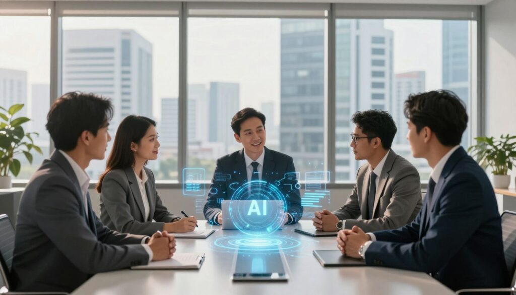 A modern office setting in Jakarta, highlighting the theme of strategic AI coaching investment. In the foreground, a diverse group of three professionals in smart business attire engages in a discussion around a sleek, high-tech conference table, with a futuristic AI interface projected in the center. The middle ground features large windows revealing a bustling cityscape. In the background, subtle digital overlays symbolize data and connectivity, creating an atmosphere of innovation and collaboration. Soft, natural lighting from the windows casts a warm glow on the scene, enhancing the sense of inspiration and forward-thinking. The overall mood is optimistic and focused, reflecting the transformative impact of AI coaching on management.