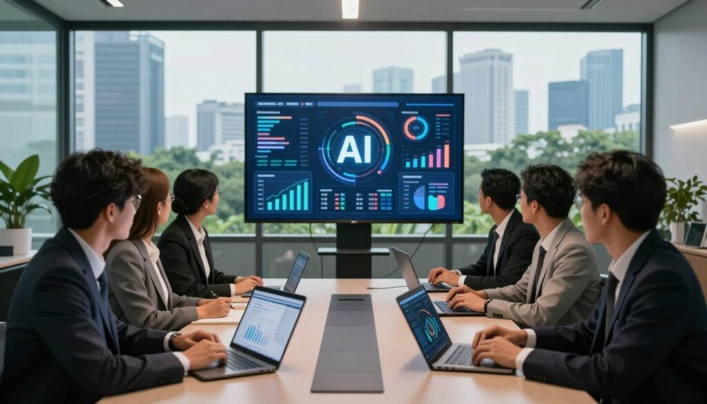 A modern office setting representing business efficiency through technology. In the foreground, a group of diverse professionals in business attire collaborate around a sleek conference table, with laptops and digital tablets open, showcasing graphs and data analytics. In the middle ground, a large screen displays dynamic business metrics, emphasizing AI integration and automation. The background features floor-to-ceiling windows with a skyline view of Jakarta, filled with greenery to symbolize growth and innovation. Soft, ambient lighting casts a warm yet professional atmosphere, with a slight focus on the technology displayed, creating a sense of forward-thinking progress. The overall mood is optimistic and energetic, reflecting the transformative power of technology in business.