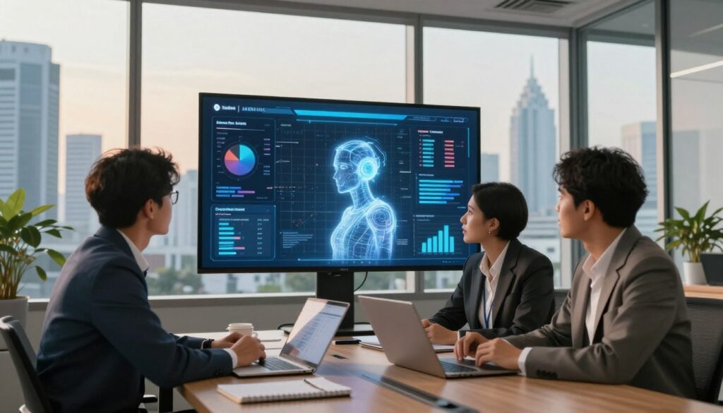 A modern office setting showcasing a collaborative meeting between business professionals and a holographic representation of artificial intelligence consulting strategies. In the foreground, a diverse group of three individuals—two dressed in professional business attire and one in smart casual clothing—are engaged in a brainstorming session. The middle ground features a large digital screen displaying complex data analytics, charts, and AI models, symbolizing advanced technology. In the background, tall glass windows reveal a panoramic view of Jakarta's skyline, with soft golden daylight filtering in, creating a warm and productive atmosphere. The image should emphasize innovation, teamwork, and the transformative power of AI in business.