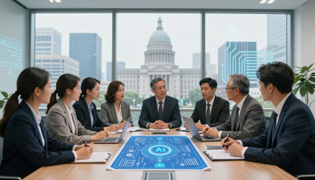 A modern office setting that symbolizes government regulations in AI, with a large conference table in the foreground featuring blueprints and digital documents. In the middle, a group of diverse business professionals dressed in professional business attire, engaged in a discussion about AI policies, showcasing a blend of focus and collaboration. In the background, large windows reveal a city skyline with governmental buildings, and an abstract representation of AI technology, such as circuit patterns or data streams, subtly integrated into the glass. Use soft, natural lighting to create an inspiring atmosphere, shot with a slightly wide-angle lens to capture the vibrancy of the scene, emphasizing innovation and progress in a regulatory context.