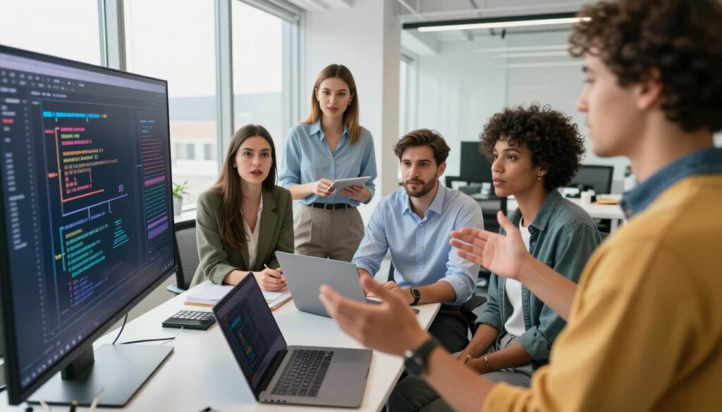 A modern workspace featuring a diverse group of professionals engaged in a vibrant discussion about advanced AI prompting techniques. In the foreground, a person in smart casual attire is gesturing towards a large digital display filled with intricate charts and diagrams illustrating prompting methods. The middle ground is occupied by team members, a mix of genders and ethnicities, including two women in business attire and a man in a dress shirt, all focused on a laptop. The background showcases a sleek office with bright natural lighting streaming through large windows, enhancing the collaborative atmosphere. The mood is dynamic and innovative, with a sense of excitement about the future of AI training. The camera angle is slightly elevated, giving a sense of perspective on the group’s brainstorming session.