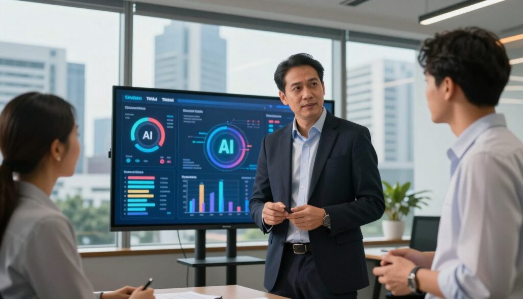 A professional AI consultant engaging with a diverse team in a modern, sleek office environment. In the foreground, a middle-aged male consultant, dressed in a tailored dark suit, stands confidently while discussing AI strategies with two younger colleagues, a woman in a smart blouse and a man in a crisp button-down shirt. The middle ground features a large digital screen displaying vibrant charts and data visualizations related to AI technology. In the background, large windows reveal an urban skyline of Jakarta, bathed in warm natural light that creates an inspiring atmosphere. The scene is captured from a low angle, emphasizing the professional demeanor and collaborative spirit of the team, conveying a sense of innovation and connection.