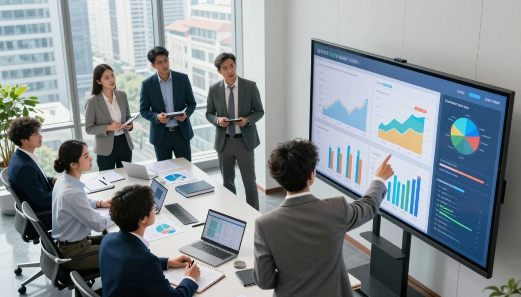 A professional and modern office environment showcasing trend analysis research findings. In the foreground, a large digital screen displays colorful charts, graphs, and data visualizations highlighting key trends and insights. To the left, a diverse group of business professionals dressed in smart business attire, engaged in a discussion, pointing at the screen, and taking notes. The middle ground features a sleek conference table with laptops, notebooks, and analytical reports scattered on it. In the background, large windows allow natural light to flood the space, revealing a bustling cityscape outside, emphasizing a dynamic business atmosphere. The overall mood is one of professionalism, collaboration, and insightfulness, captured with bright, natural lighting and a slightly elevated angle to convey a sense of engagement and focus. A professional and modern office environment showcasing trend analysis research findings. In the foreground, a large digital screen displays colorful charts, graphs, and data visualizations highlighting key trends and insights. To the left, a diverse group of business professionals dressed in smart business attire, engaged in a discussion, pointing at the screen, and taking notes. The middle ground features a sleek conference table with laptops, notebooks, and analytical reports scattered on it. In the background, large windows allow natural light to flood the space, revealing a bustling cityscape outside, emphasizing a dynamic business atmosphere. The overall mood is one of professionalism, collaboration, and insightfulness, captured with bright, natural lighting and a slightly elevated angle to convey a sense of engagement and focus.