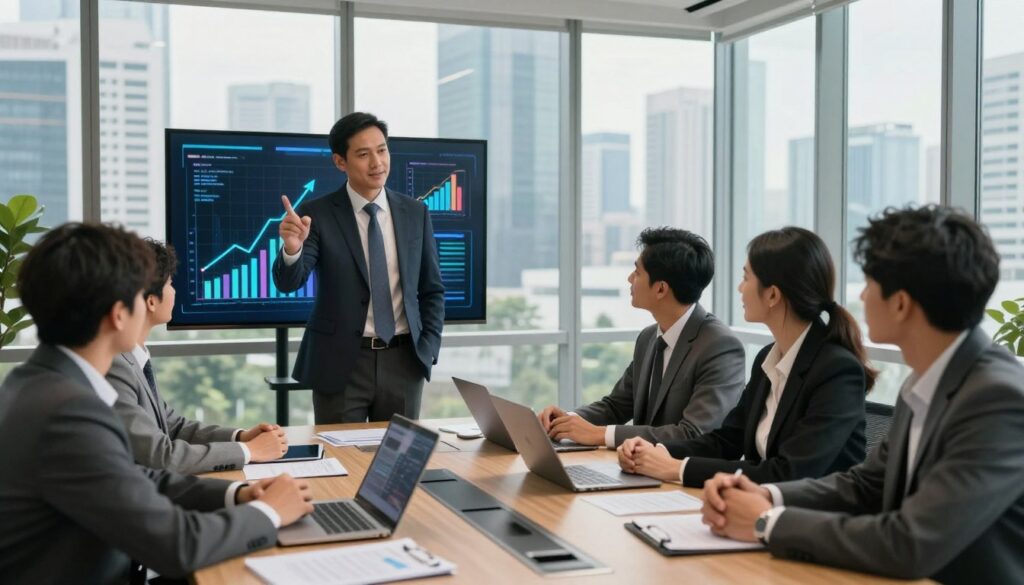 A professional business consultant standing confidently in a modern office environment, surrounded by digital graphs and charts illustrating business growth potential. In the foreground, a diverse group of business professionals in business attire, engaged in a strategic discussion, pointing at a screen that displays rising trend lines. The middle ground features an elegantly designed conference table with laptops and documents scattered around, symbolizing collaboration and innovation. In the background, large windows reveal a vibrant city skyline of Jakarta, infused with warm, natural light. The atmosphere is dynamic and optimistic, captured with a slightly elevated camera angle to emphasize the upward trajectory. The image conveys the essence of leveraging AI for strategic growth in a contemporary business setting. A professional business consultant standing confidently in a modern office environment, surrounded by digital graphs and charts illustrating business growth potential. In the foreground, a diverse group of business professionals in business attire, engaged in a strategic discussion, pointing at a screen that displays rising trend lines. The middle ground features an elegantly designed conference table with laptops and documents scattered around, symbolizing collaboration and innovation. In the background, large windows reveal a vibrant city skyline of Jakarta, infused with warm, natural light. The atmosphere is dynamic and optimistic, captured with a slightly elevated camera angle to emphasize the upward trajectory. The image conveys the essence of leveraging AI for strategic growth in a contemporary business setting.