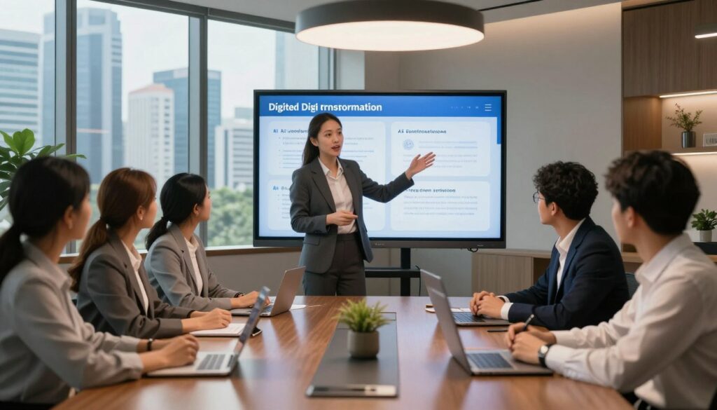 A professional consultant in a modern office setting, engaged in a discussion with a diverse team of clients around a sleek conference table. The consultant, dressed in a tailored business suit, gestures towards a digital presentation displayed on a large screen, illustrating customized AI solutions and digital strategies. The atmosphere is collaborative and focused, with warm lighting that enhances the inviting ambiance. The background features large windows showing a vibrant Jakarta skyline, creating a dynamic urban backdrop. Elegantly designed decor reflects a blend of technology and sophistication, emphasizing innovation and expertise in consulting services. The image captures the essence of tailored digital transformation in a corporate environment.