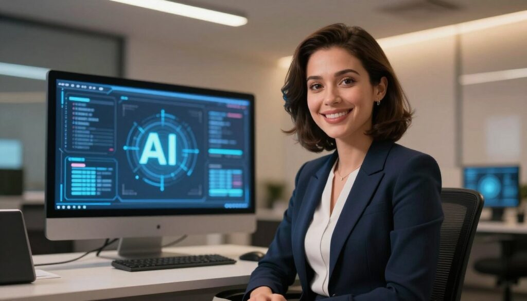 A professional consulting scene featuring Dee Ferdinand, a virtual assistant character designed to represent AI companionship. In the foreground, Dee is depicted as a friendly, approachable figure with an expressive digital face, wearing a stylish business outfit that combines modern and tech-inspired design. The middle ground features a sleek, sophisticated office setup with a futuristic touch, including a large digital screen displaying AI-related graphics. In the background, soft ambient lighting creates a warm and inviting atmosphere, with subtle hints of technology integrated into the decor. The scene conveys a mood of professionalism and comfort, suggesting a productive consultation experience. Use a slight low-angle perspective to emphasize Dee's presence, ensuring clarity and focus on her engaging facial expression.