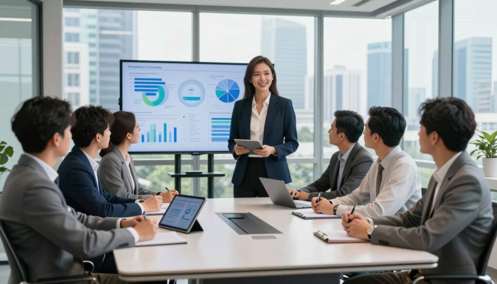 A professional meeting room in Jakarta, featuring a diverse group of professionals engaged in a consultation process. In the foreground, a confident consultant, Dee Ferdinand, stands at a sleek modern table with a digital tablet, wearing smart business attire. Surrounding him are engaged clients, both men and women, dressed in polished business casual clothing, exchanging ideas and taking notes. The middle ground shows a large screen displaying analytics and data visuals related to AI consulting. The background features large windows with a view of Jakarta's skyline, allowing natural light to fill the space, creating a bright and inviting atmosphere. The mood is collaborative and optimistic, highlighting the synergy of technology and strategy in a dynamic urban environment. A professional meeting room in Jakarta, featuring a diverse group of professionals engaged in a consultation process. In the foreground, a confident consultant, Dee Ferdinand, stands at a sleek modern table with a digital tablet, wearing smart business attire. Surrounding him are engaged clients, both men and women, dressed in polished business casual clothing, exchanging ideas and taking notes. The middle ground shows a large screen displaying analytics and data visuals related to AI consulting. The background features large windows with a view of Jakarta's skyline, allowing natural light to fill the space, creating a bright and inviting atmosphere. The mood is collaborative and optimistic, highlighting the synergy of technology and strategy in a dynamic urban environment.