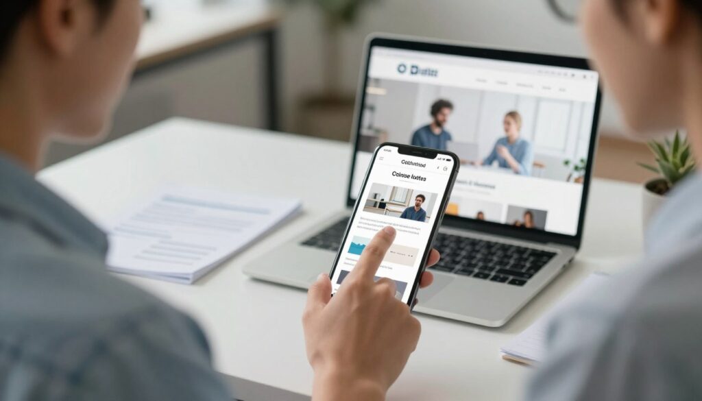 A professional workspace featuring a sleek mobile device displaying a beautifully optimized website. In the foreground, a human figure in smart casual attire interacts with the device, showcasing a focused expression while analyzing the website's layout. The middle layer reveals a clean desk with a laptop and notes about local business optimization strategies. The background shows a modern office environment with soft, diffused lighting that creates a productive atmosphere. Consider a depth of field effect, emphasizing the mobile screen while gently blurring the surroundings. The overall mood is one of innovation and efficiency, highlighting the importance of mobile optimization in today's digital landscape.