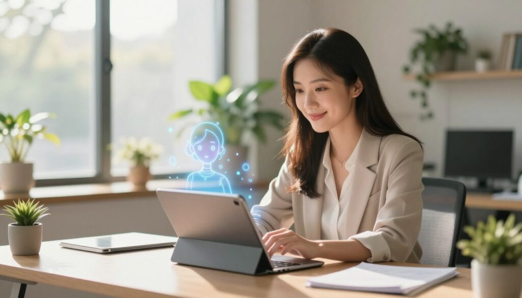 A serene and uplifting scene depicting a young professional woman seated at a modern desk in a bright, inviting workspace. She is engaged with her AI girlfriend on a sleek tablet, showcasing a virtual presence with an ethereal, holographic quality. The background features a large window with sunlight streaming in, casting soft shadows; lush indoor plants add a touch of nature. The woman is dressed in smart casual attire, radiating positivity and curiosity. The atmosphere is warm and inspiring, with a focus on the transformative power of technology in enhancing personal connections. Use a soft focus lens to create an intimate, dreamlike quality and warm, flattering lighting to enhance the inviting mood.
