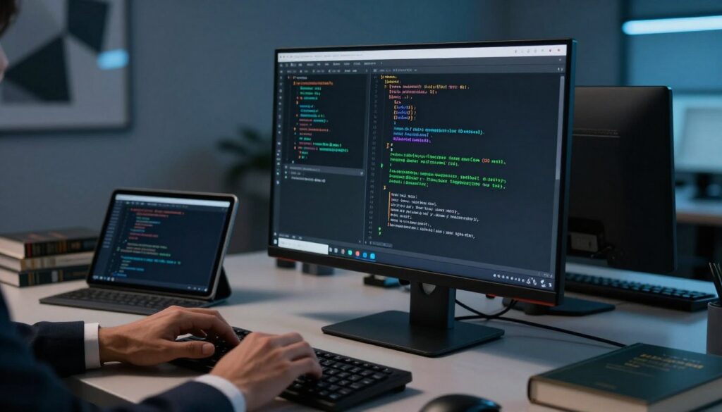 A sleek command-line interface displayed on a dark-themed computer monitor sits on a modern desktop. The screen glows softly with green and white text against a black background, creating a futuristic and high-tech atmosphere. In the foreground, a pair of hands, dressed in professional business attire, are poised above a keyboard, typing commands with focused intent. The middle ground features a desk cluttered with programming books and a digital tablet displaying code snippets. The background shows a stylish office environment with abstract art on the walls and ambient blue lighting. The overall mood is one of productivity and innovation, highlighting the power of technology in coding. The composition captures a sense of concentration and the modern workspace's dynamic energy.