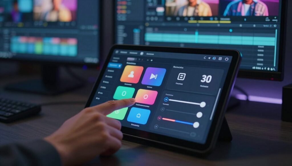 A sleek, modern interface depicting video customization settings, featuring icons for resolution, frame rate, and color grading. In the foreground, a user’s hand interacts with a high-definition touchscreen, showcasing vibrant buttons that represent various video options. The middle layer includes a smart device displaying an elaborate options menu with sliders and toggles, glowing softly against the dimly lit workspace. The background features a blurred arrangement of monitors displaying dynamic video content, hinting at advanced editing tools. The lighting is cool and focused, creating a tech-savvy atmosphere that conveys professionalism and creativity in digital editing. The overall mood is high-tech and engaging, encouraging exploration of video customization features within a generative AI context.