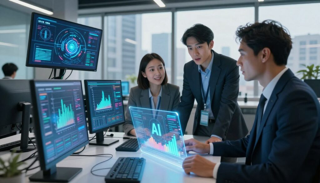 A sleek, modern office environment filled with high-tech elements. In the foreground, a diverse group of three professionals, dressed in smart business attire, are engaged in an intense discussion around a holographic display showcasing graphs and data visualizations related to AI capabilities. The middle layer features advanced computing devices with glowing screens, illustrating ultra-fast 2K rendering processes in real-time. The background reveals large windows with a city skyline, bathed in soft natural light, hinting at innovation and progress. The overall atmosphere is dynamic and futuristic, with vibrant colors and clear focus on collaboration and technology's role in business enhancement, evoking a sense of excitement and professionalism.