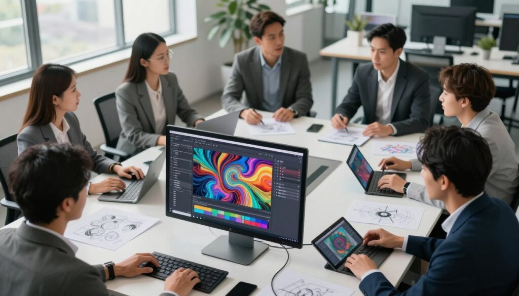 A sleek, modern workspace featuring a diverse team of professionals engaged in an advanced image generation editing workflow. In the foreground, a computer screen displays a vibrant, intricate artwork being edited, showcasing generative AI tools with colorful visual elements. The middle ground includes a round table where team members are discussing ideas, surrounded by digital sketches and tablets with design software. In the background, large windows allow soft, natural light to flood in, enhancing the creative atmosphere. The overall mood is innovative and collaborative, reflecting a forward-thinking approach to visual content creation. Use a high-angle perspective to capture the dynamism of the workspace, ensuring that the professionals are dressed in smart business attire.