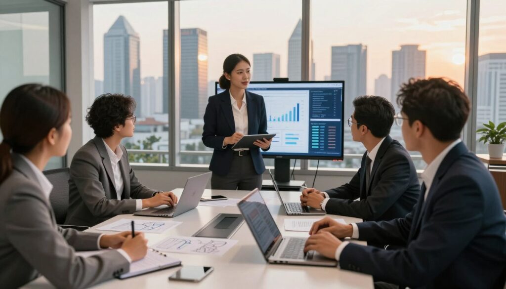 A sophisticated mentorship session set in a modern Jakarta office. In the foreground, a diverse group of three professionals in business attire engage in deep discussion, surrounded by laptops and notebooks adorned with innovative ideas. The middle ground features a sleek conference table with high-tech gadgets and digital displays showcasing graphs and statistics. In the background, panoramic windows reveal a vibrant city skyline bathed in warm, golden-hour lighting, creating a sense of energy and opportunity. The mood is inspirational and dynamic, capturing the essence of exclusive mentorship. The image should focus on collaboration and growth, with an emphasis on professionalism and engagement.